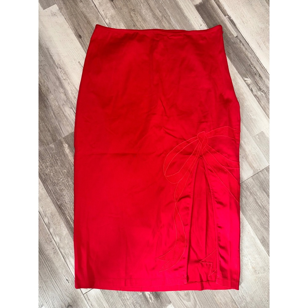 Maeve Pencil Skirt Women Red Embroidered Bow Slit Midi Large NWT
